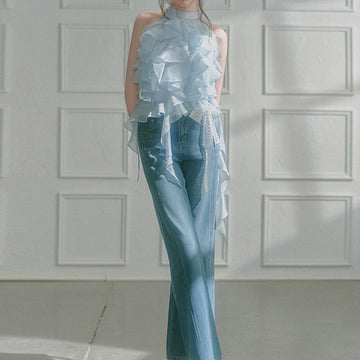 2025 Spring And Summer Ice Blue Wave Ribbon Lace Strapped Clothes